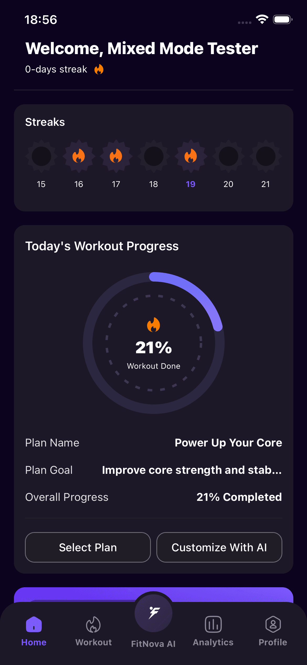 FitNova home screen